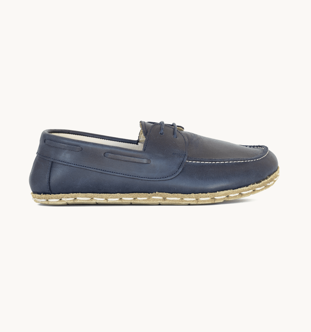 Ocean men's barefoot leather boat shoe, side view — hand-stitched, zero drop