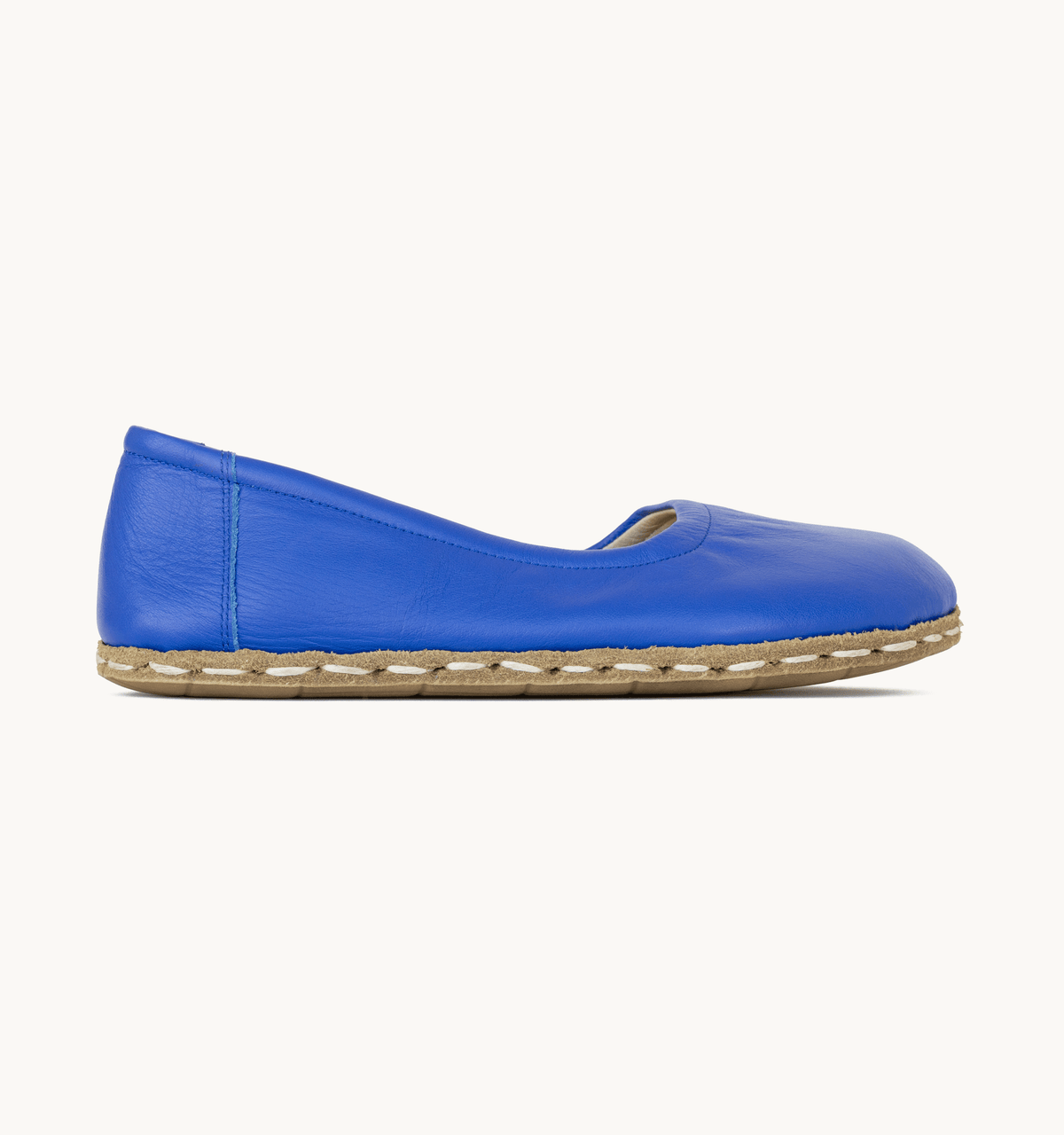 Azure women's barefoot leather ballet flat, side view — hand-stitched, zero drop