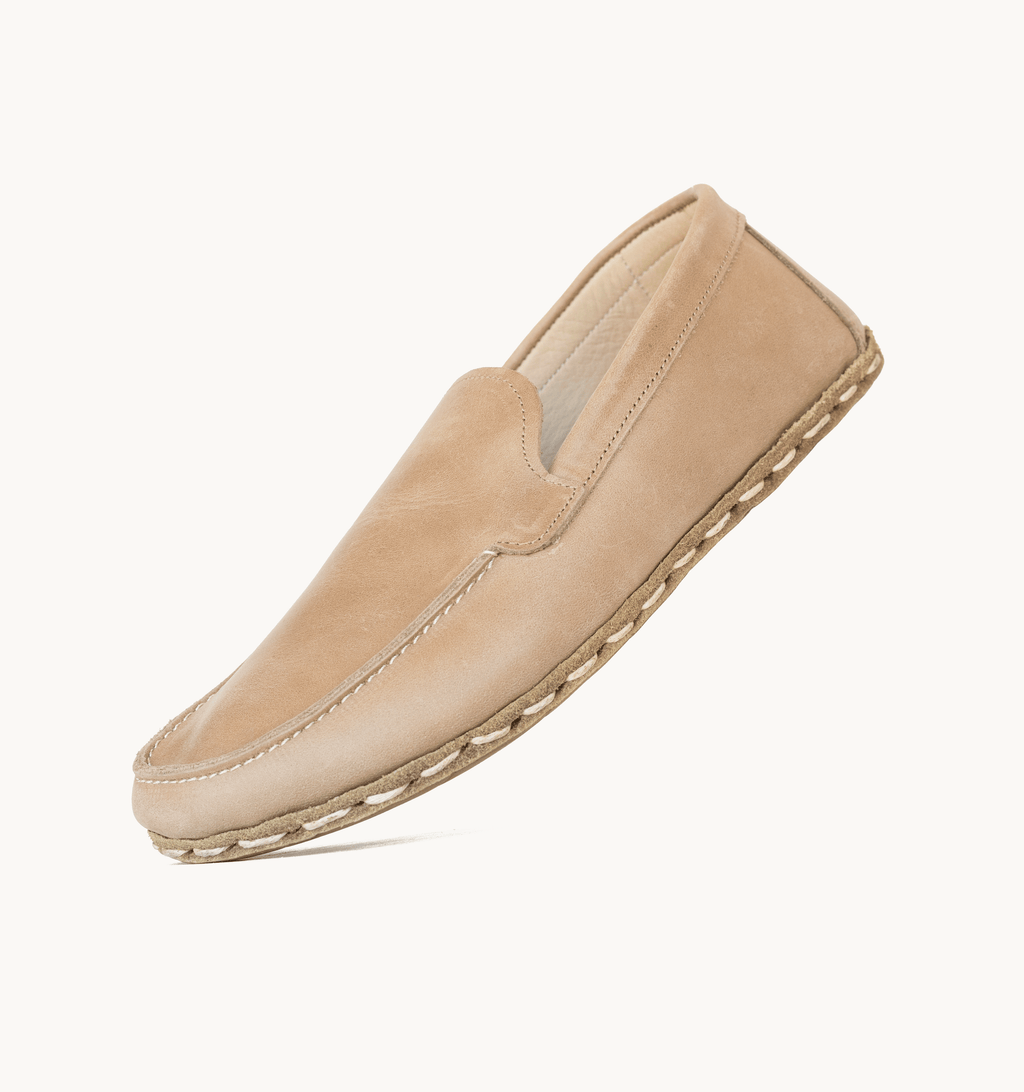 Sand barefoot moccasin for men — buffalo leather sole with copper grounding rivet