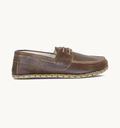Earth women's barefoot leather boat shoe, side view — hand-stitched, zero drop