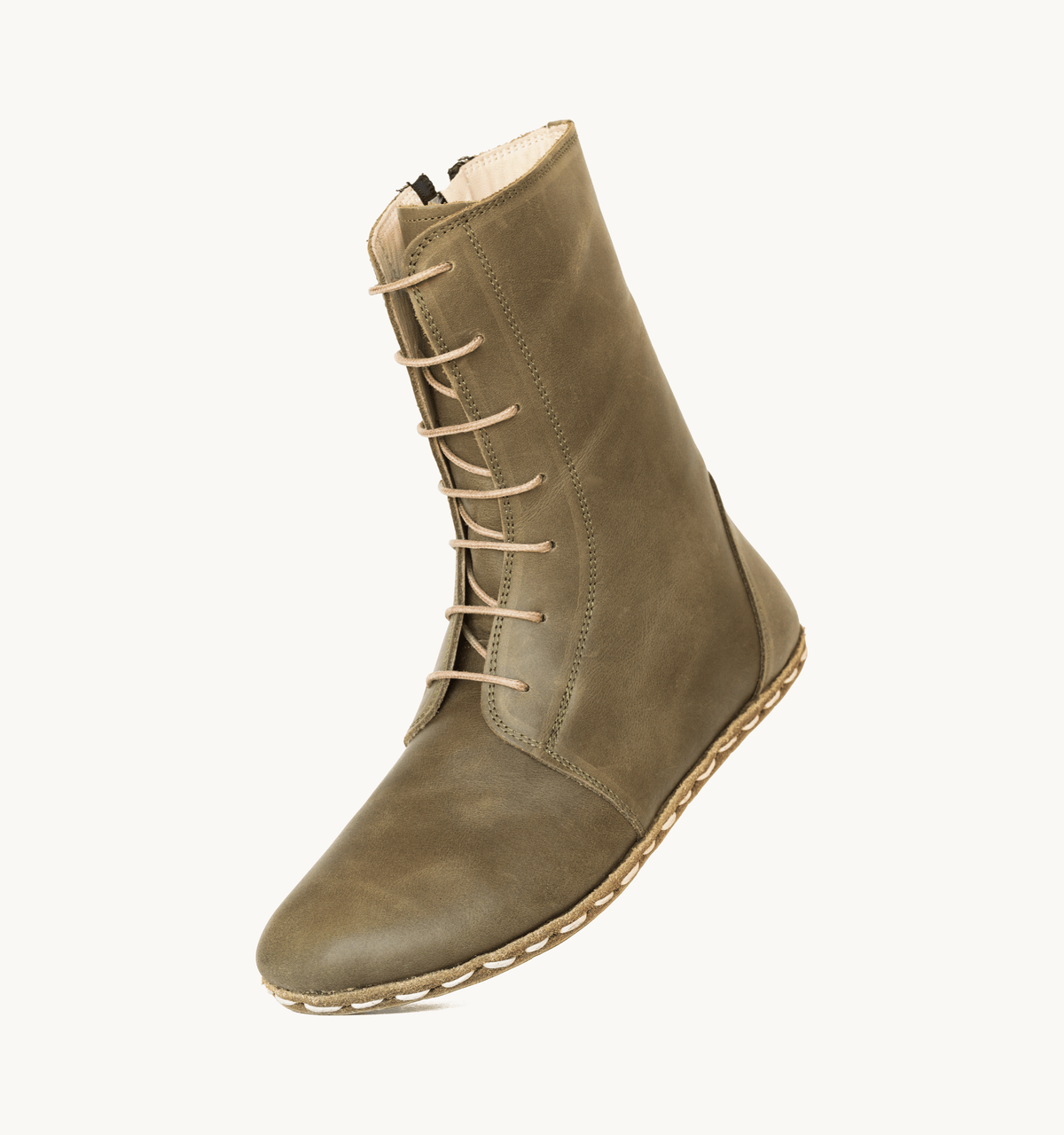 Olive barefoot ankle boot for women — buffalo leather sole with copper grounding rivet