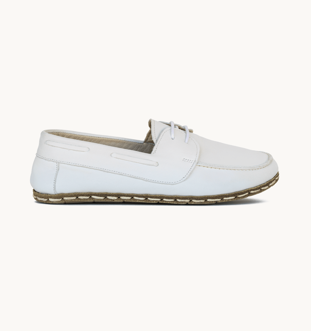 Cloud women's barefoot leather boat shoe, side view — hand-stitched, zero drop