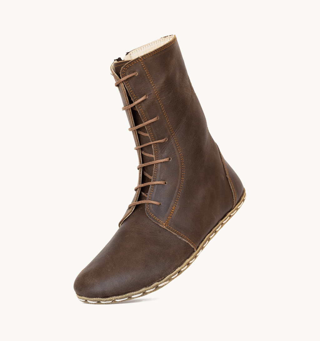 Earth women's barefoot leather ankle boot, side view — hand-stitched, zero drop