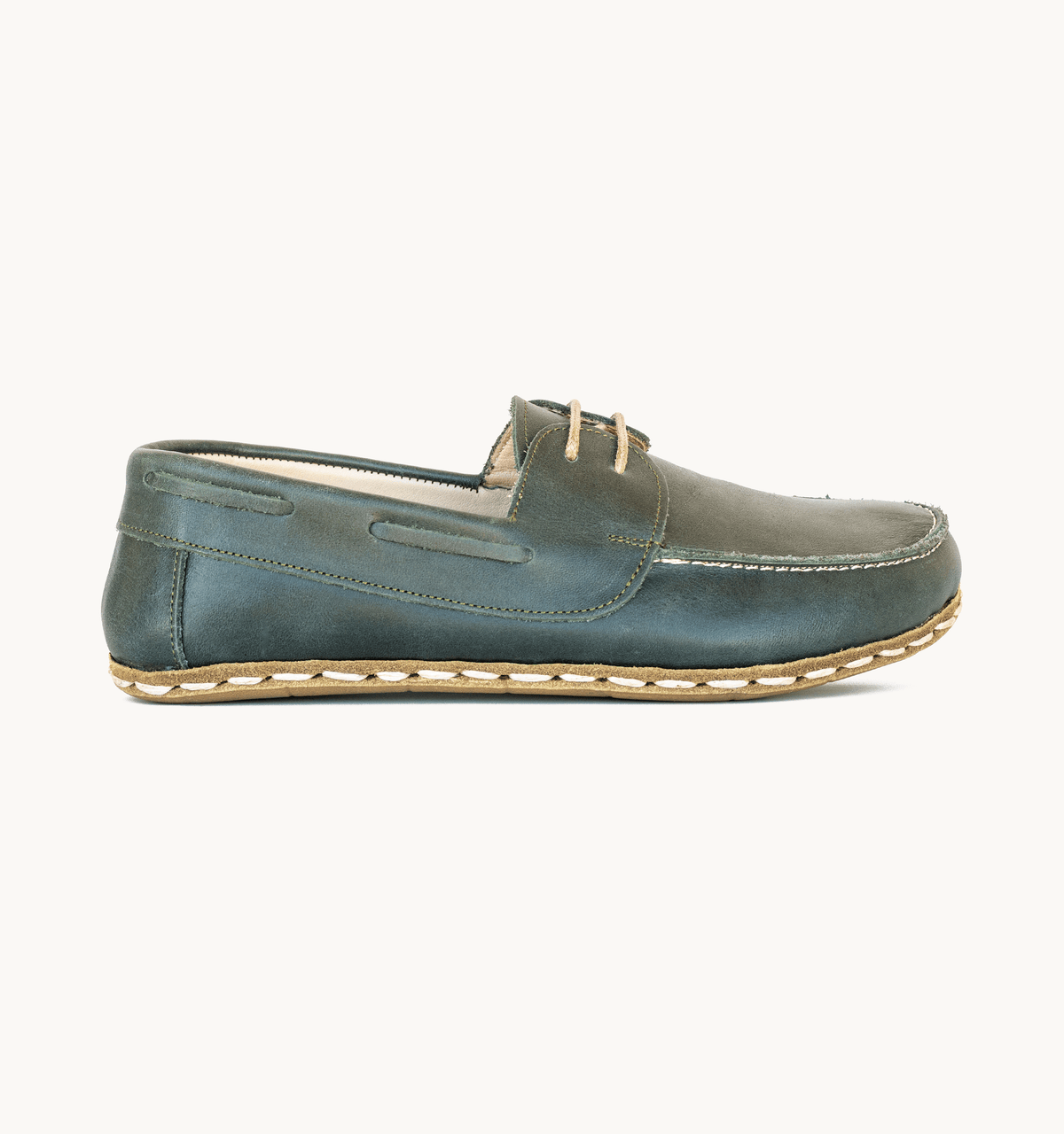 Evergreen men's barefoot leather boat shoe, side view — hand-stitched, zero drop