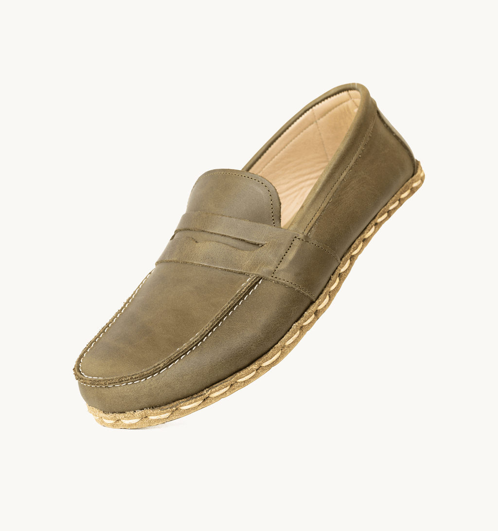 Olive women's barefoot penny loafer — smooth full-grain calfskin upper, hand-cut