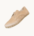 Sand women's barefoot leather oxford, side view — hand-stitched, zero drop