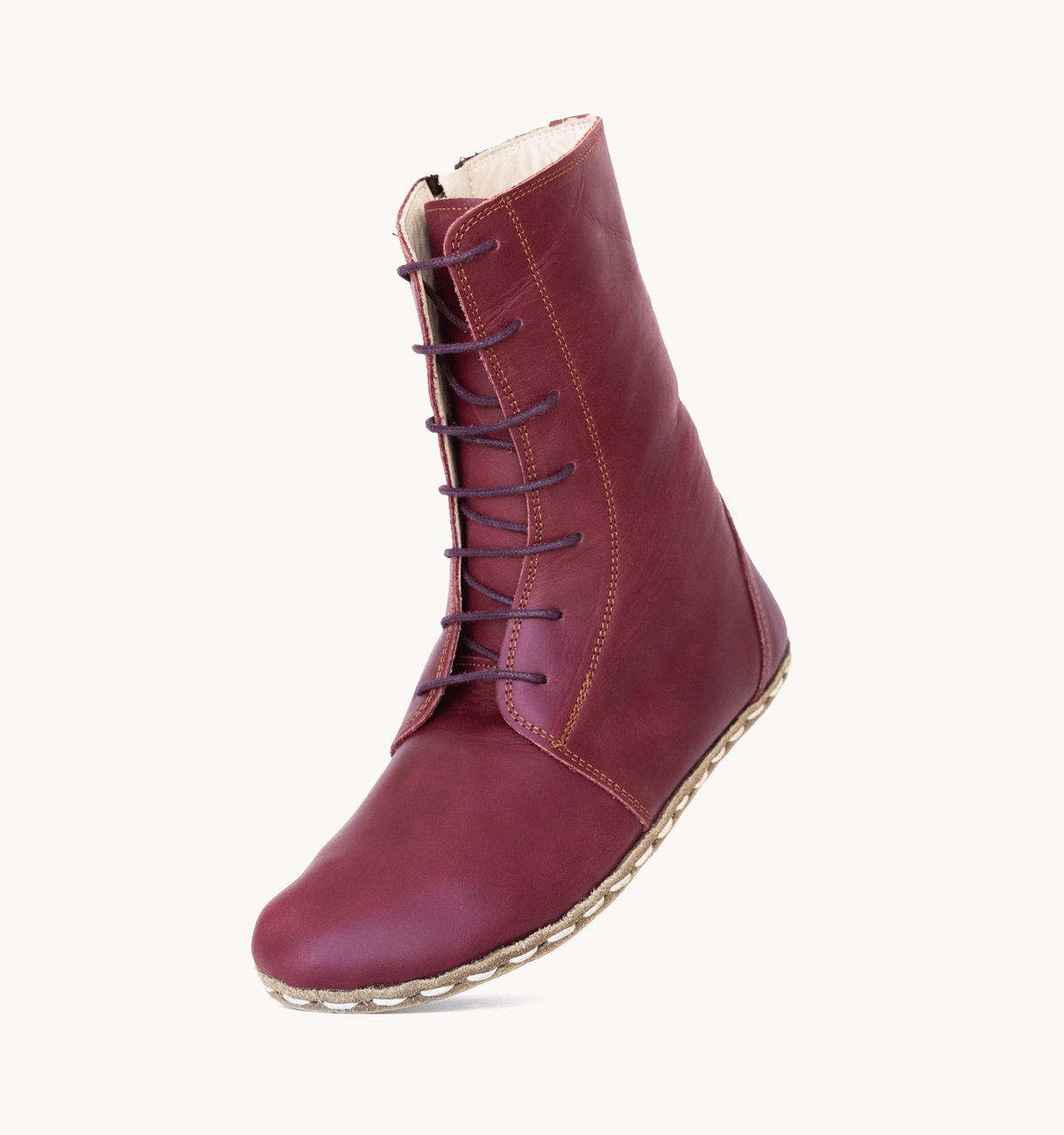 Burgundy barefoot ankle boot for women — buffalo leather sole with copper grounding rivet