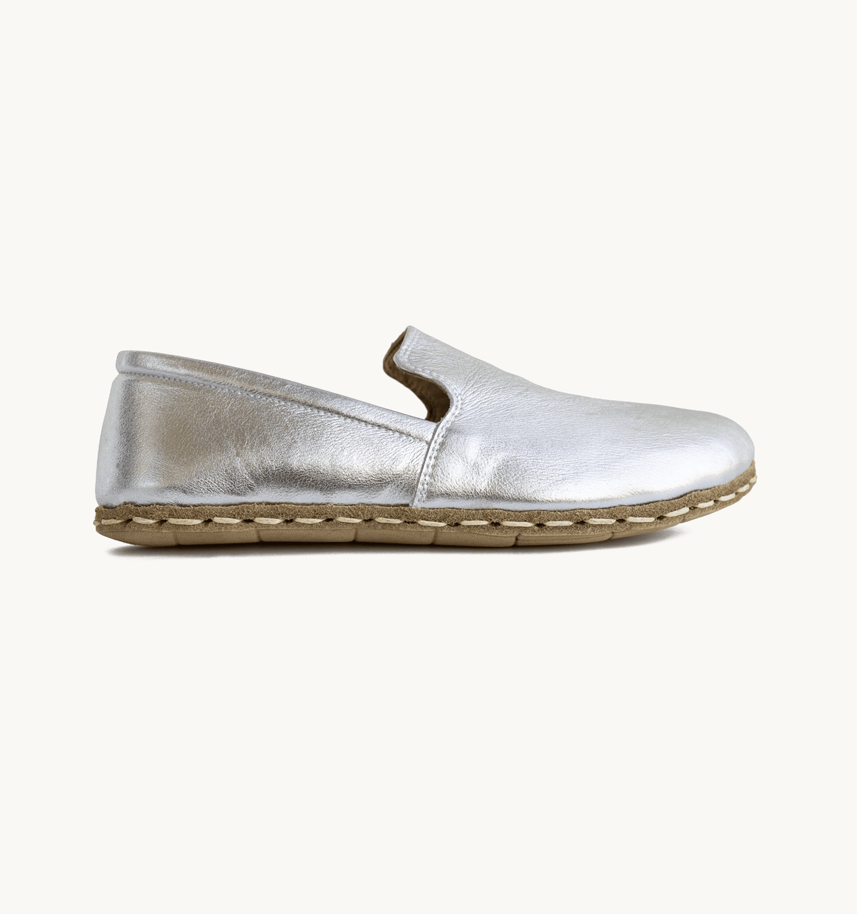 Moonlight women's barefoot leather loafer, side view — hand-stitched, zero drop