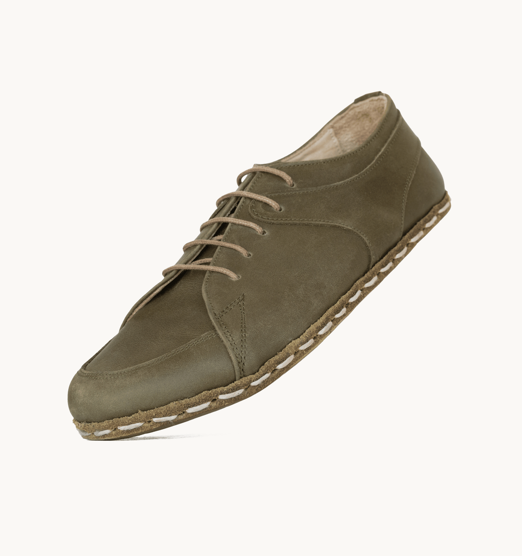 Olive women's sneaker — wide toe box, zero-drop barefoot last