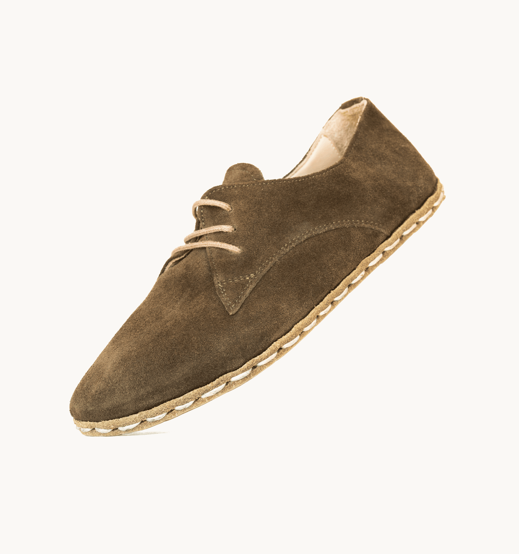Moss women's barefoot leather oxford, side view — hand-stitched, zero drop