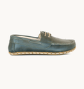 Evergreen women's barefoot leather boat shoe, side view — hand-stitched, zero drop