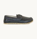 Raven Black women's barefoot leather boat shoe, side view — hand-stitched, zero drop