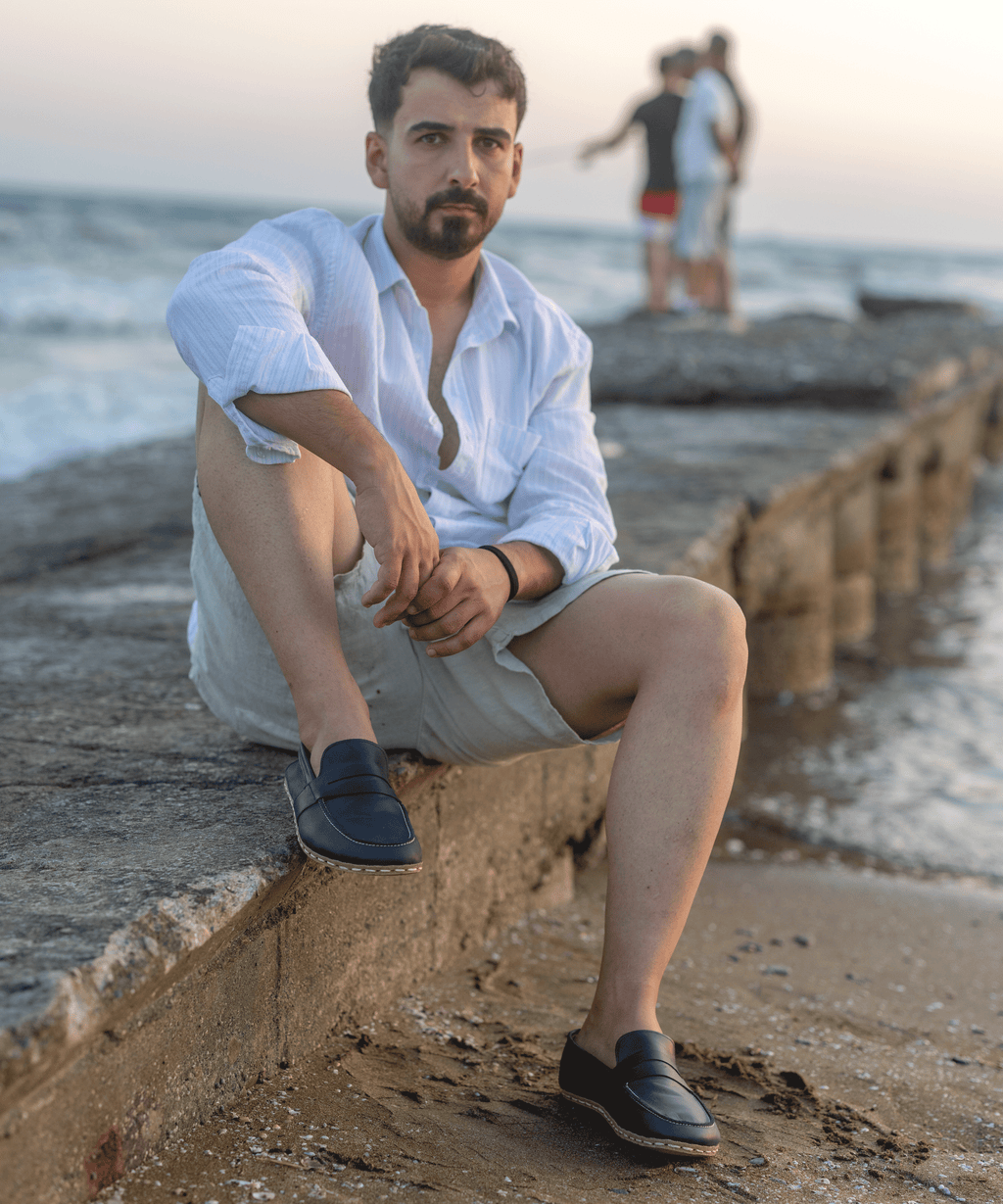 Ocean barefoot penny loafer for men — buffalo leather sole with copper grounding rivet