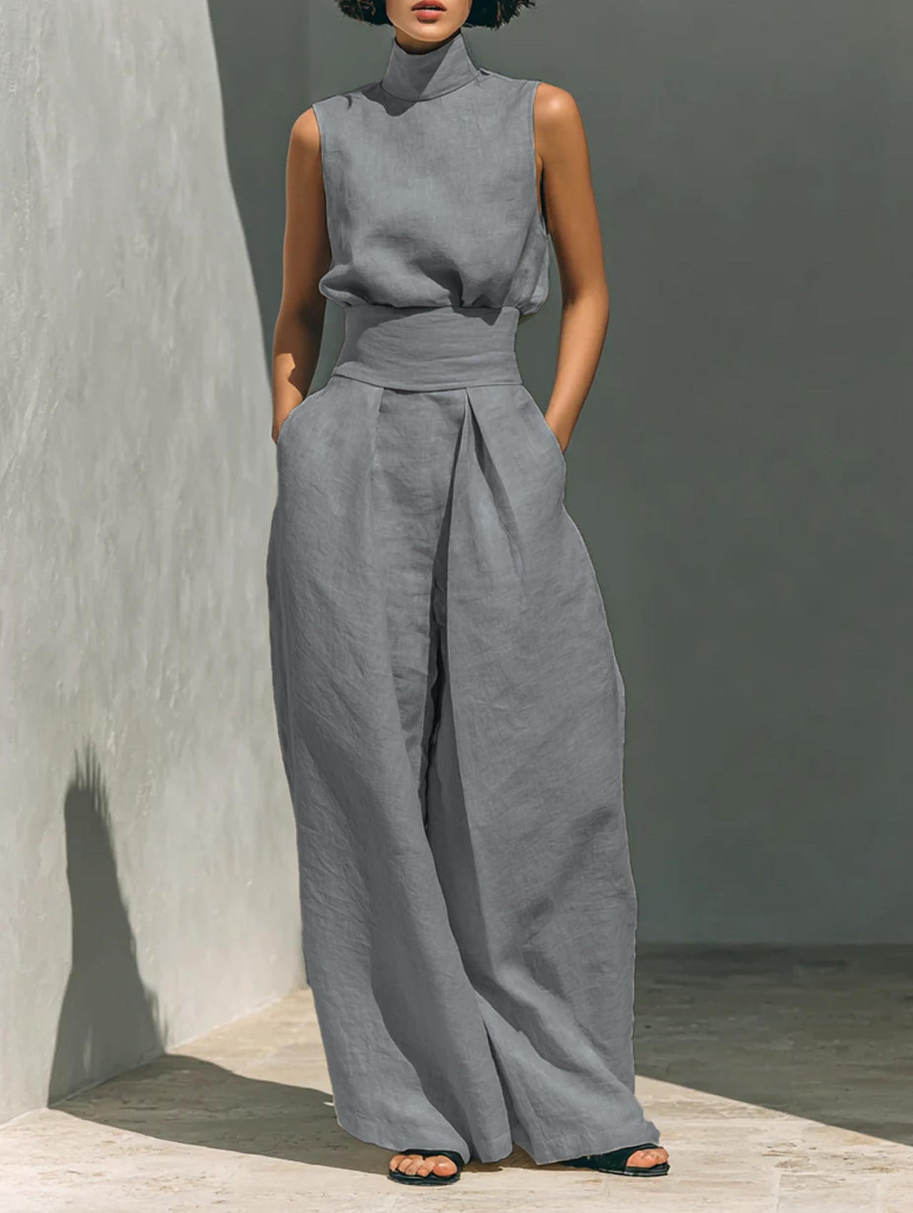 Cotton and linen sleeveless pants casual suit for women