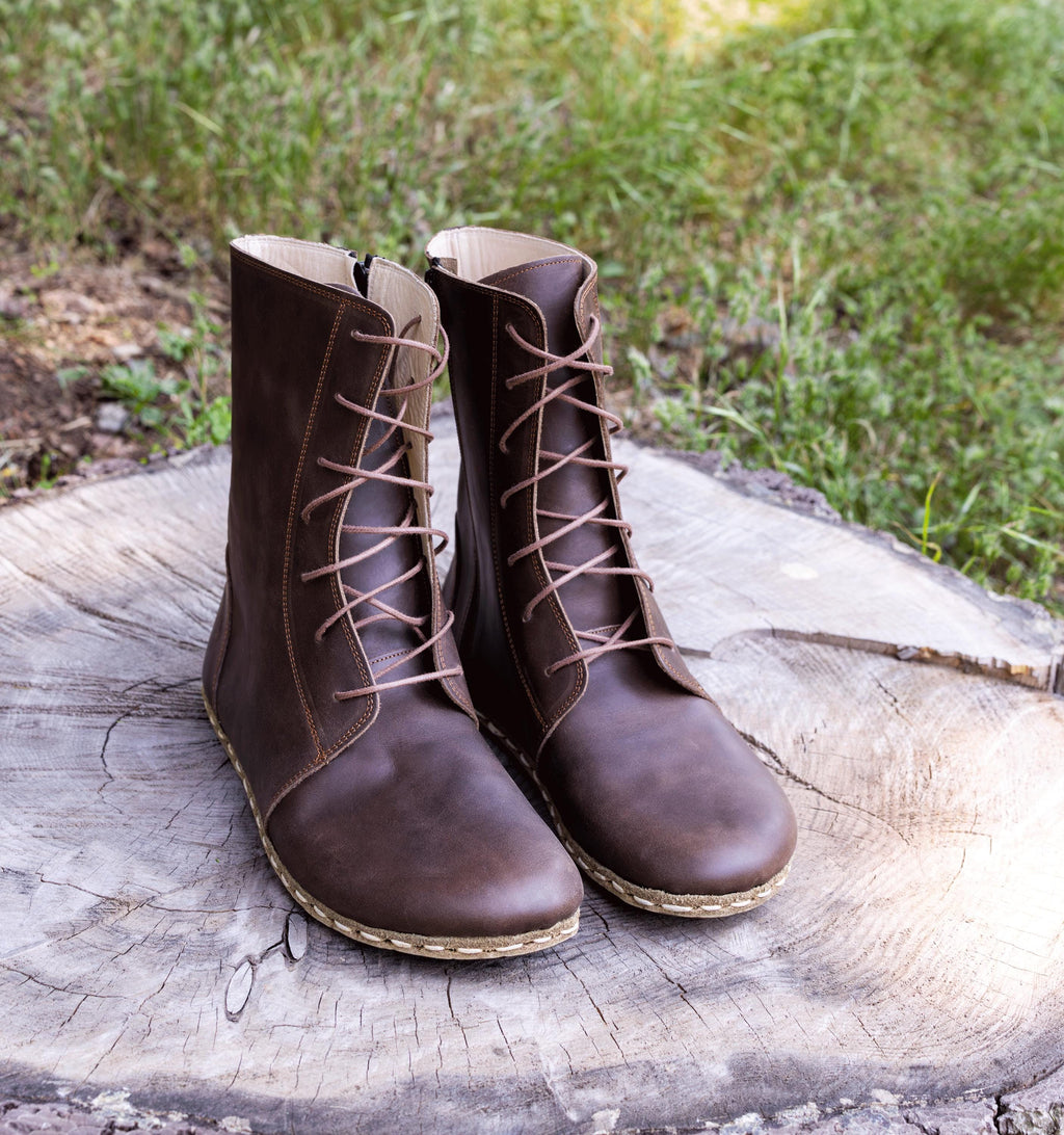 Earth women's barefoot ankle boot — pull-up crazy calfskin upper, hand-cut