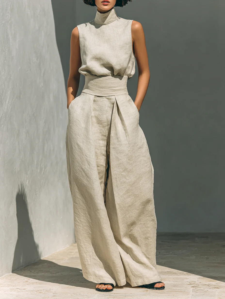 Cotton and linen sleeveless pants casual suit for women