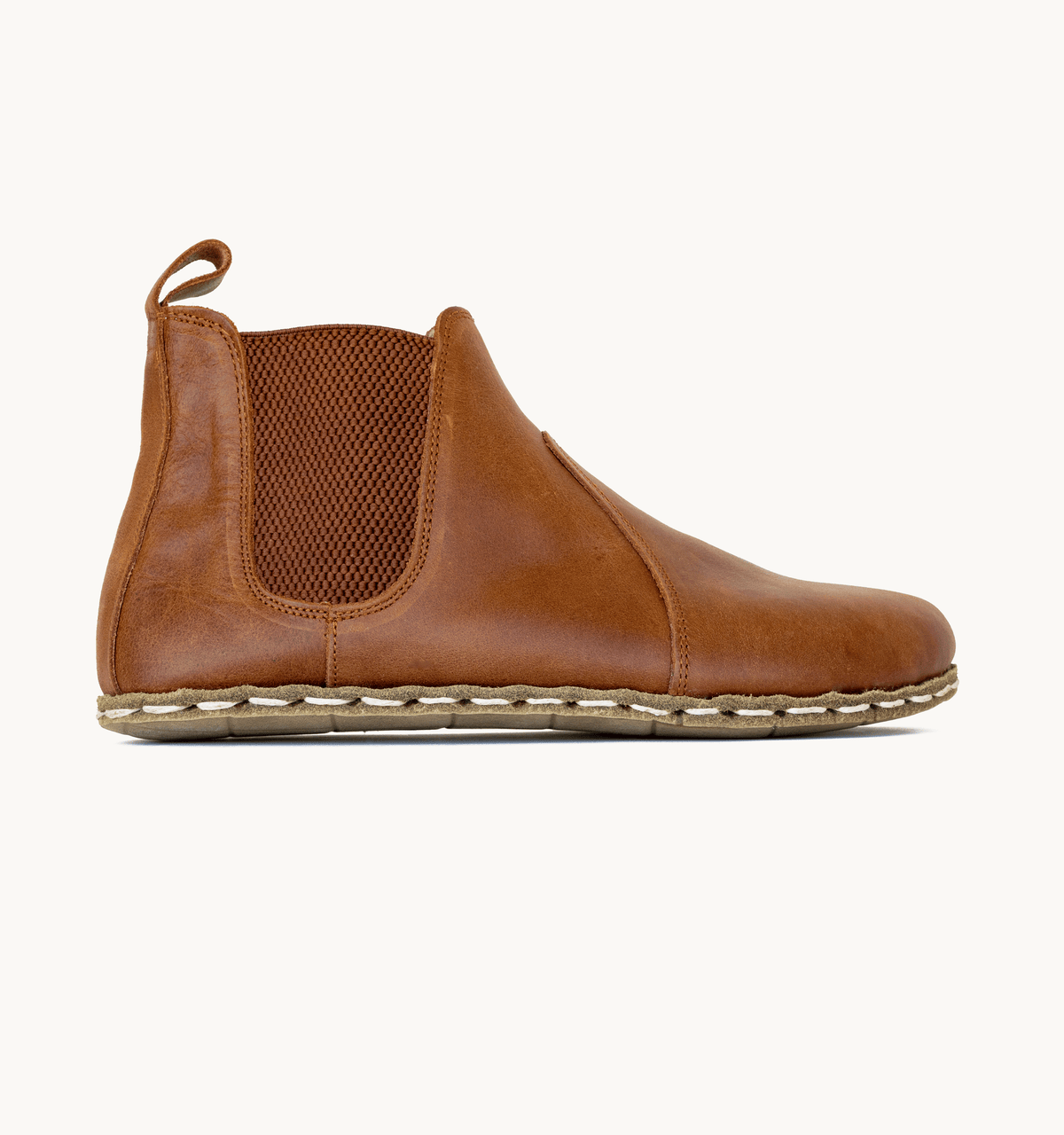 Umber women's barefoot leather chelsea boot, side view — hand-stitched, zero drop