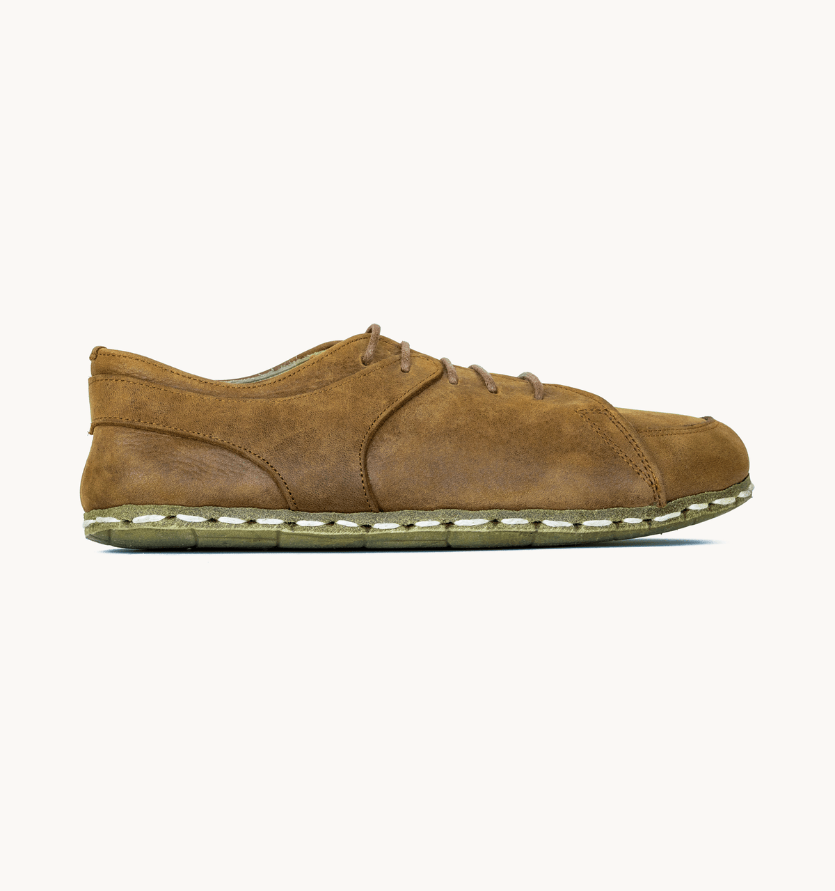 Hickory men's barefoot leather sneaker, side view — hand-stitched, zero drop