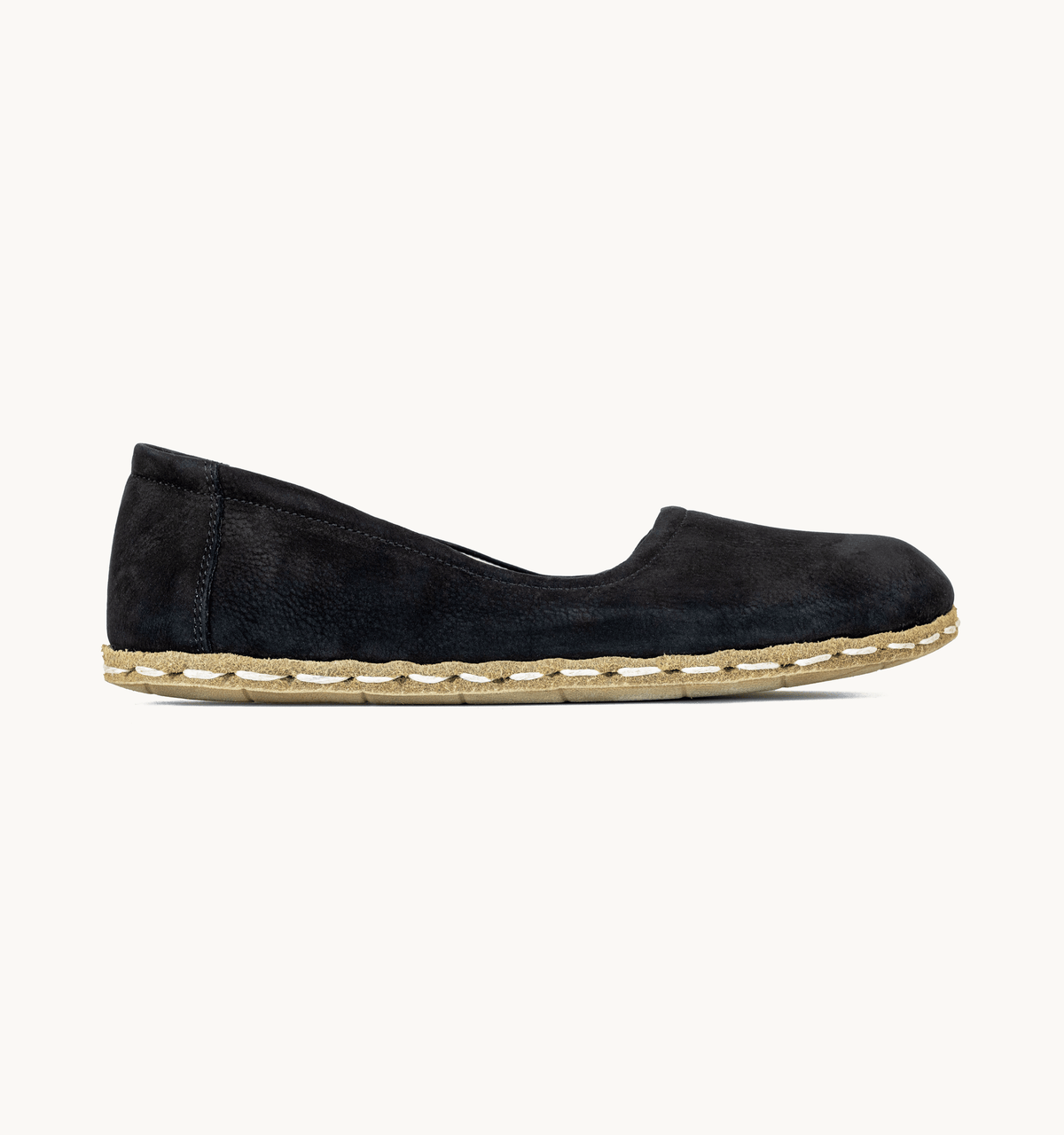Midnight women's barefoot leather ballet flat, side view — hand-stitched, zero drop