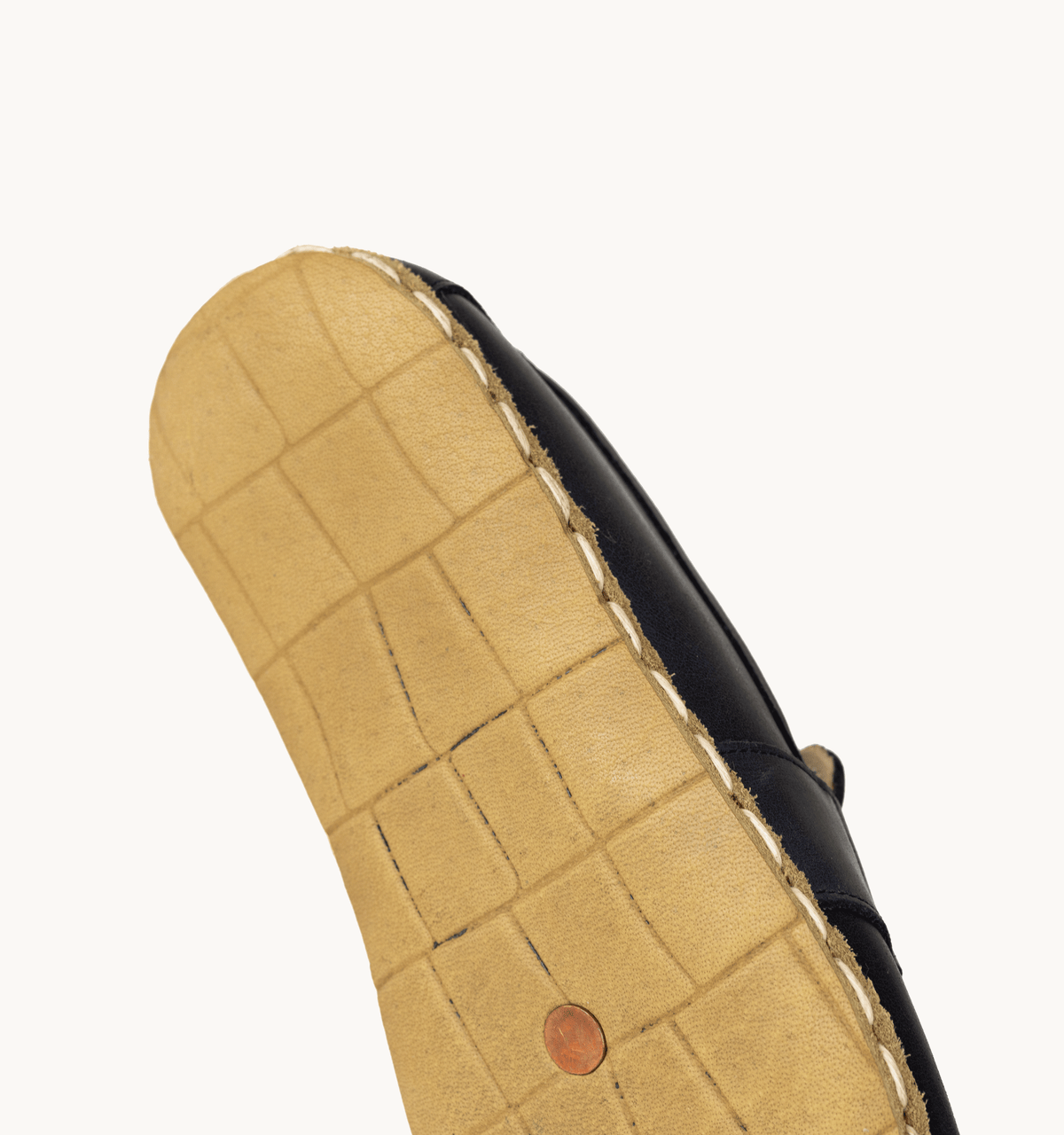 Ocean men's barefoot penny loafer — pull-up crazy calfskin upper, hand-cut