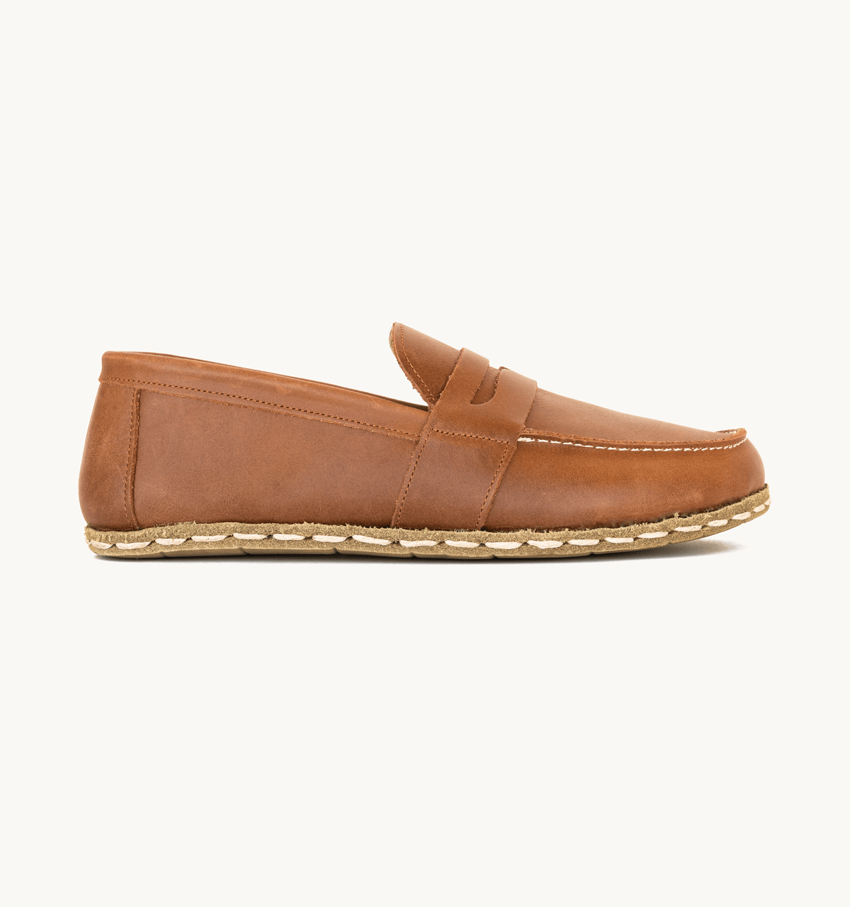 Umber men's barefoot penny loafer — smooth full-grain calfskin upper, hand-cut