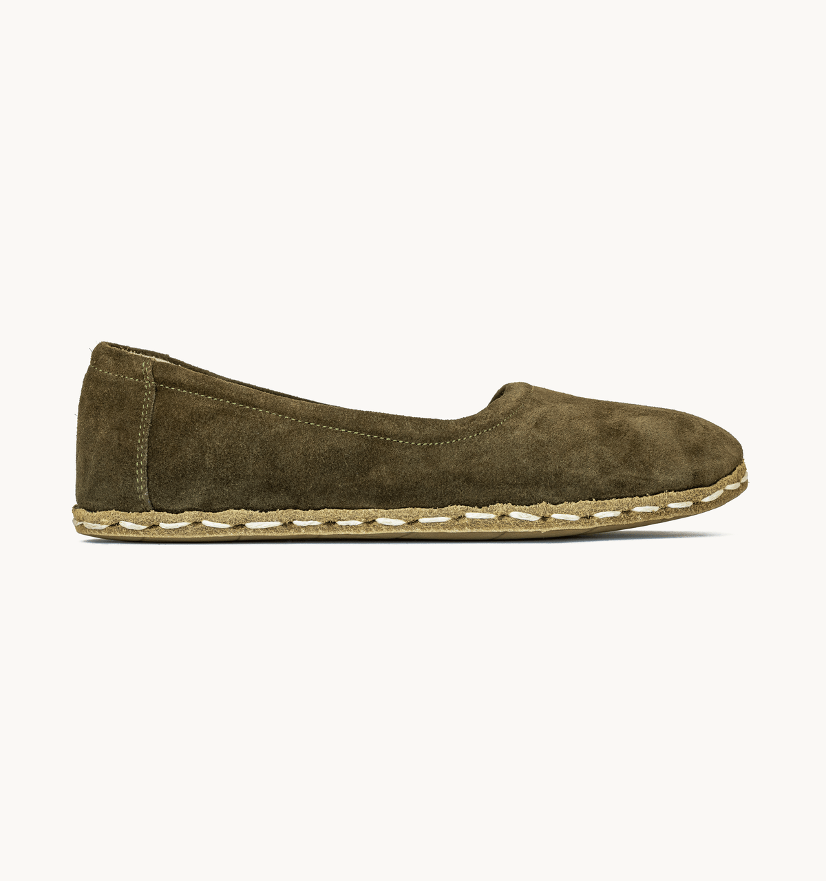 Moss women's barefoot leather ballet flat, side view — hand-stitched, zero drop