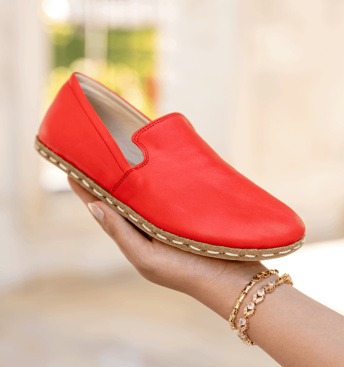 Crimson women's barefoot loafer — smooth full-grain calfskin upper, hand-cut