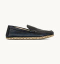 Raven Black women's barefoot leather moccasin, side view — hand-stitched, zero drop