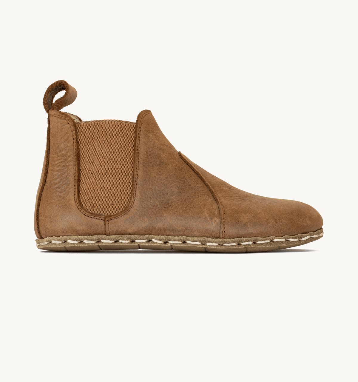 Hickory men's barefoot leather chelsea boot, side view — hand-stitched, zero drop