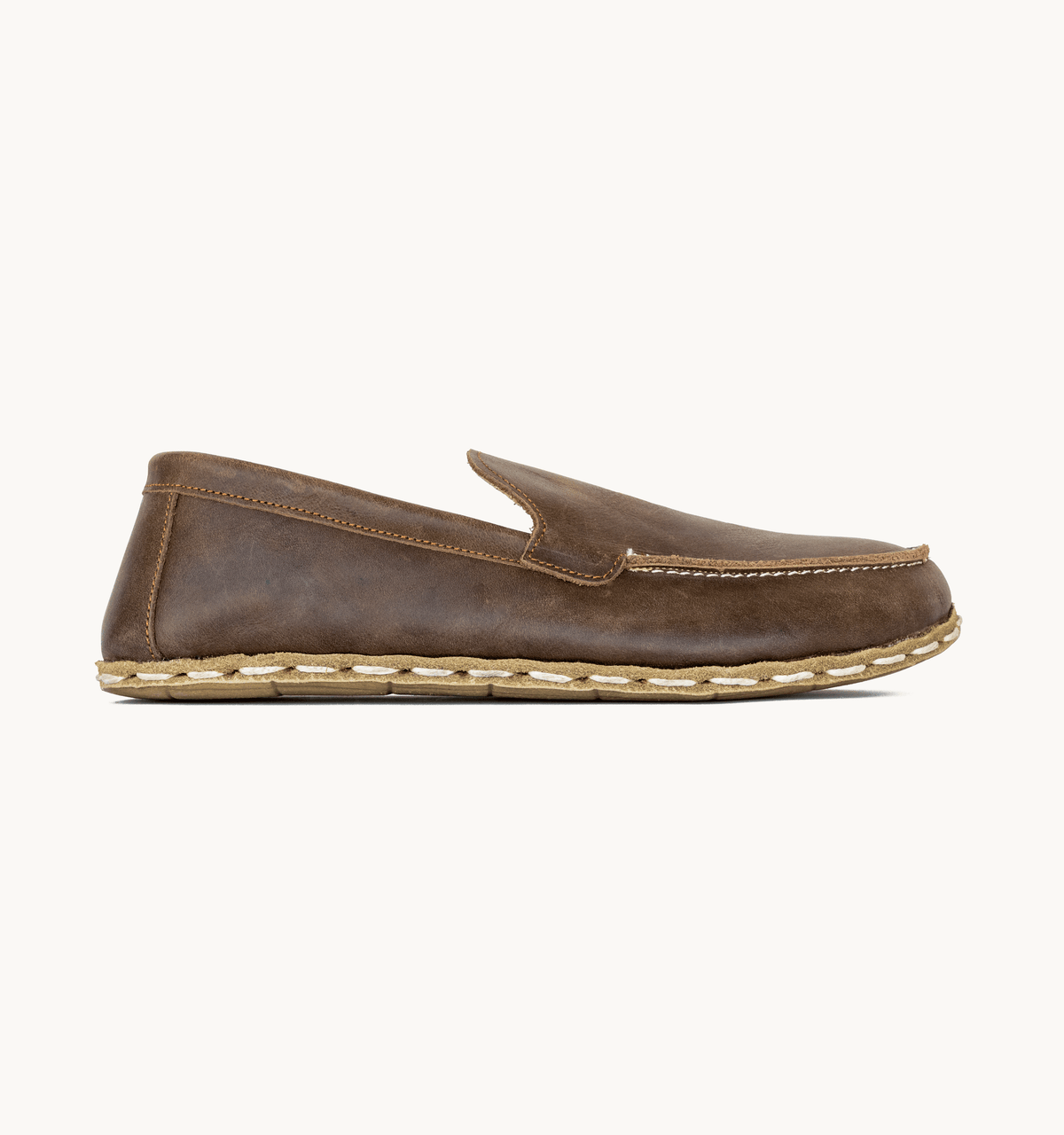 Earth men's barefoot leather moccasin, side view — hand-stitched, zero drop