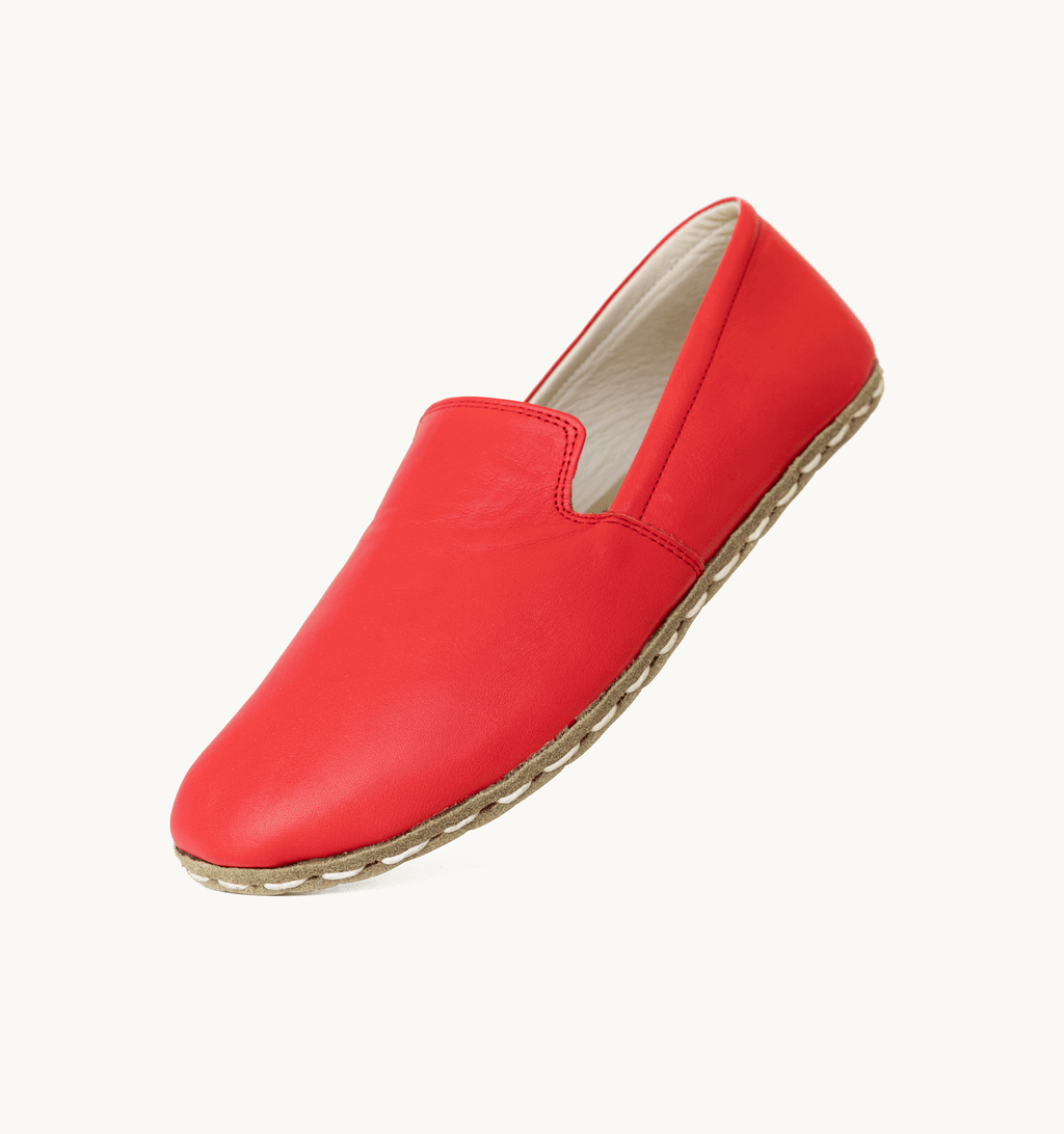 Crimson barefoot loafer for women — buffalo leather sole with copper grounding rivet
