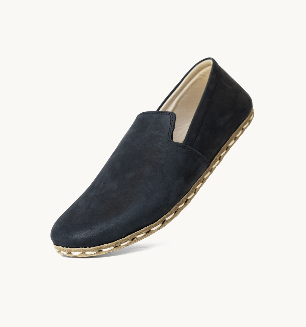 Raven Black barefoot loafer for men — buffalo leather sole with copper grounding rivet