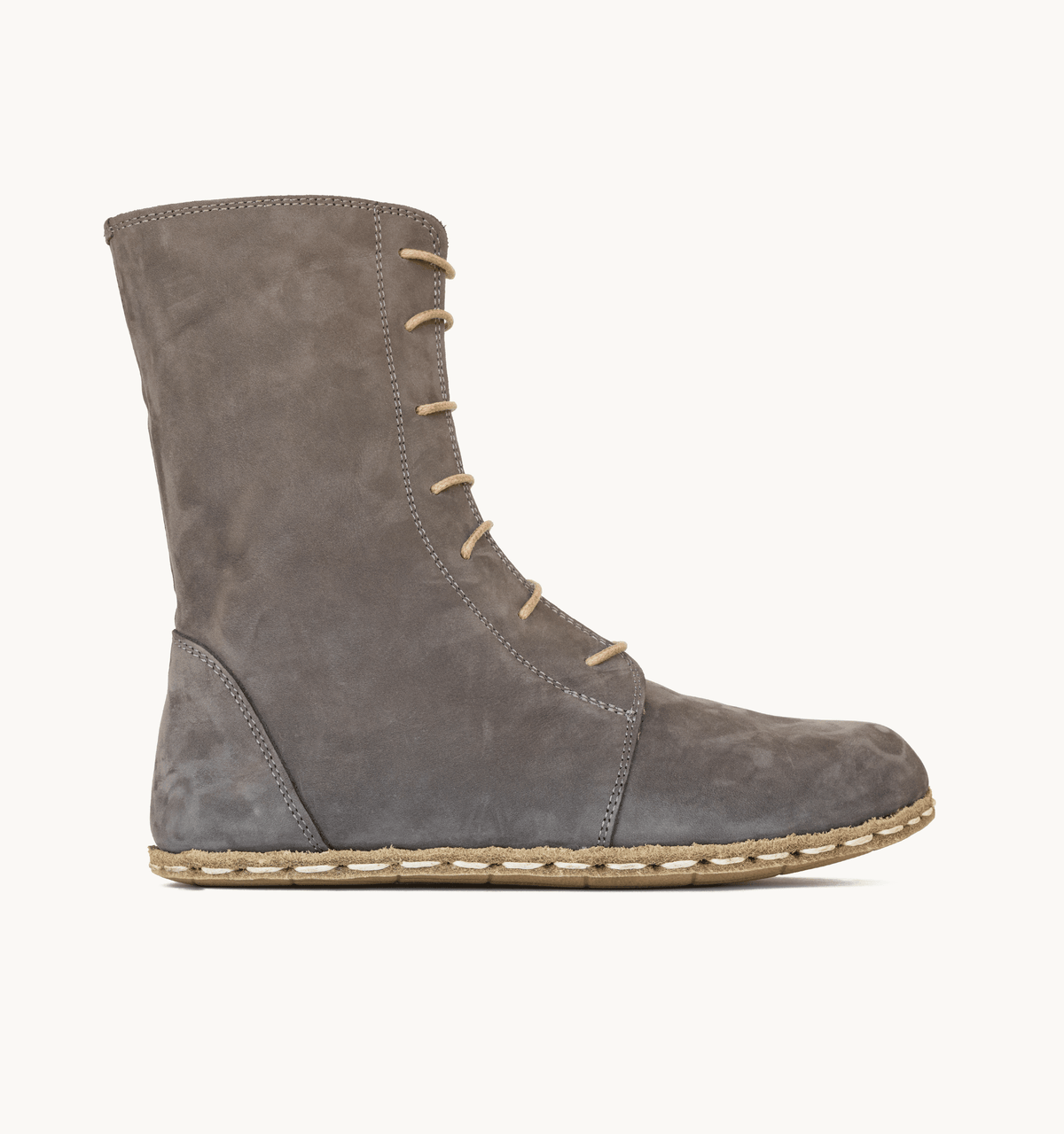Ashen women's barefoot leather ankle boot, side view — hand-stitched, zero drop