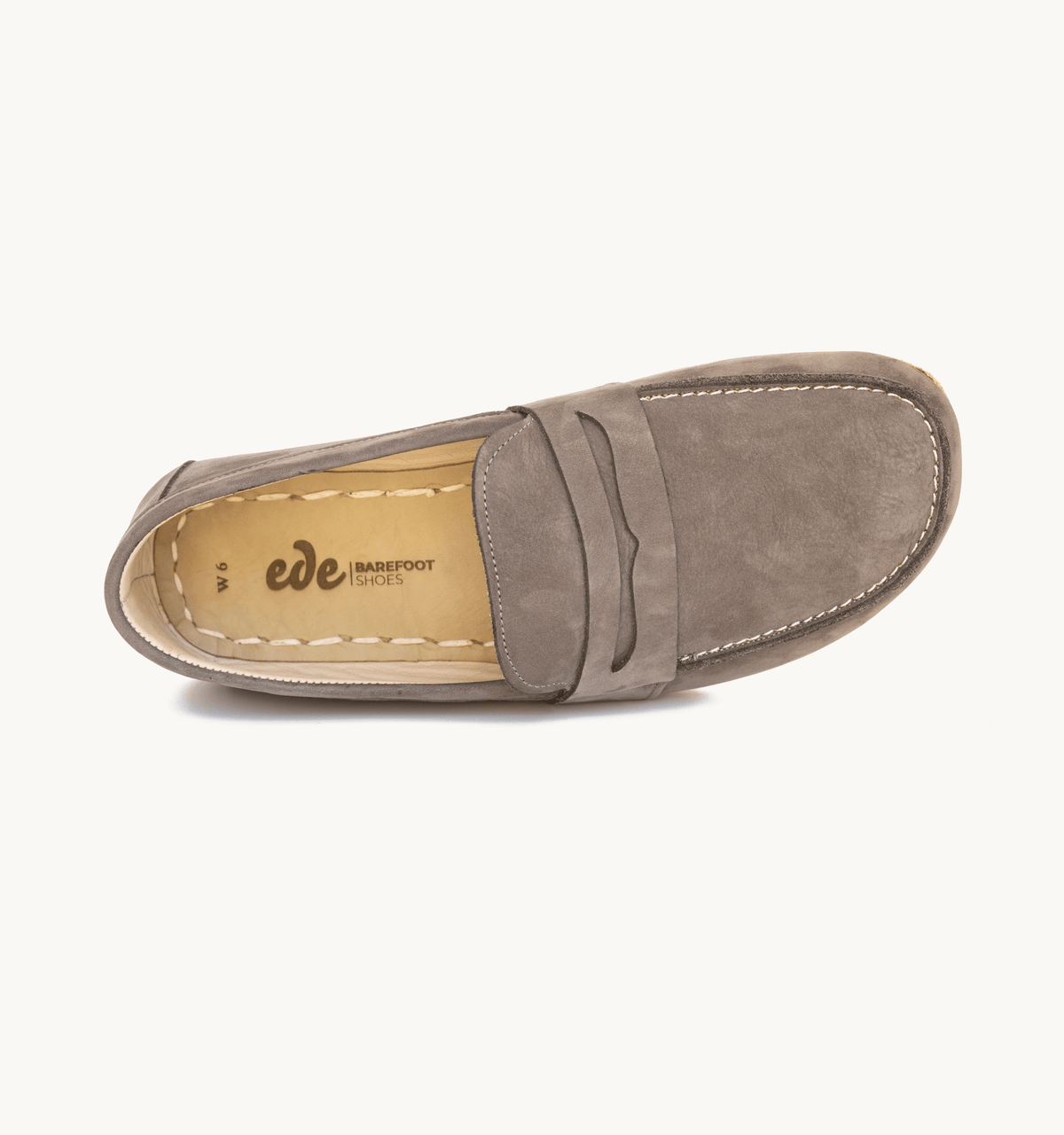 Ashen men's barefoot leather penny loafer, side view — hand-stitched, zero drop