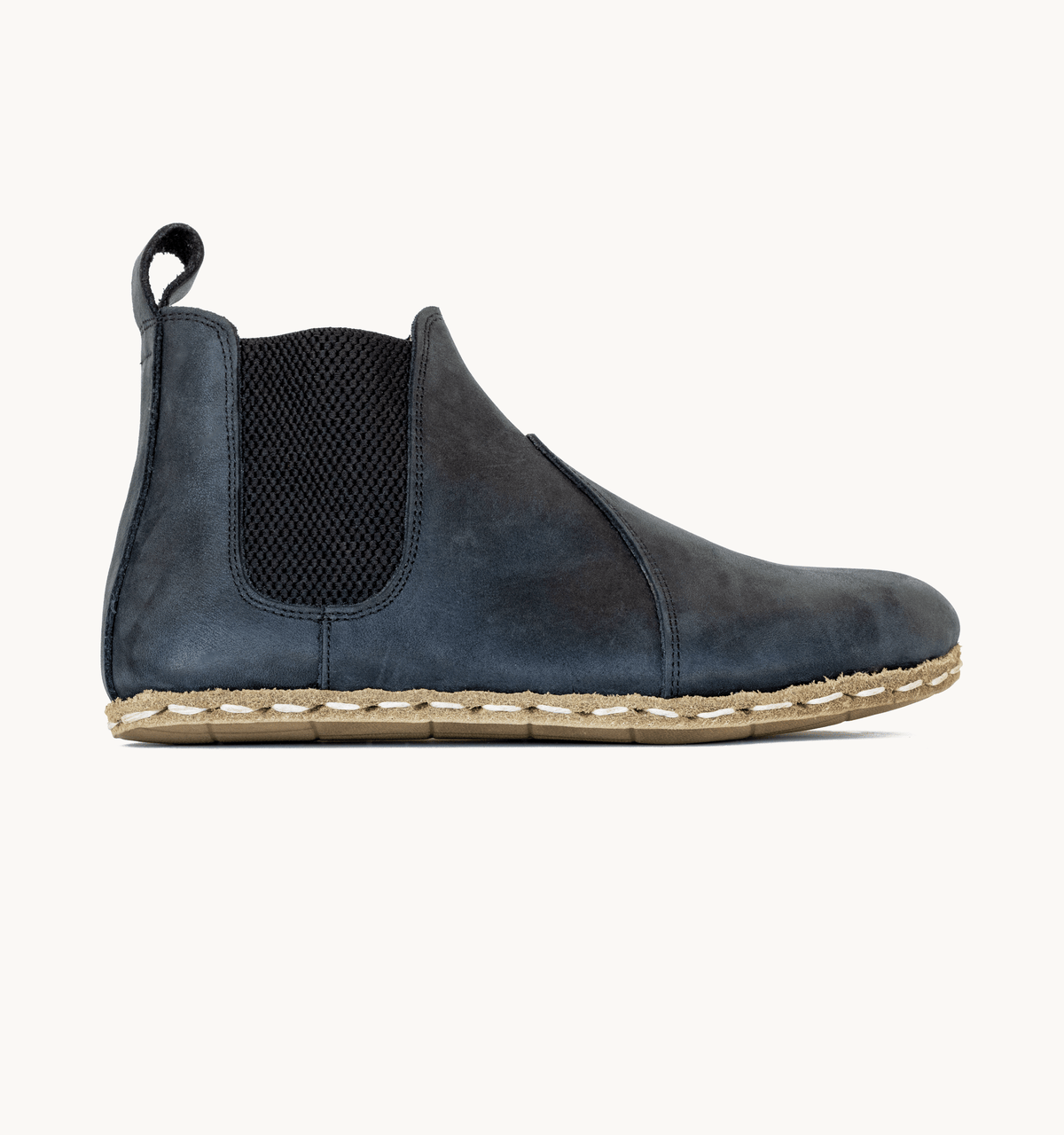 Raven Black women's barefoot leather chelsea boot, side view — hand-stitched, zero drop