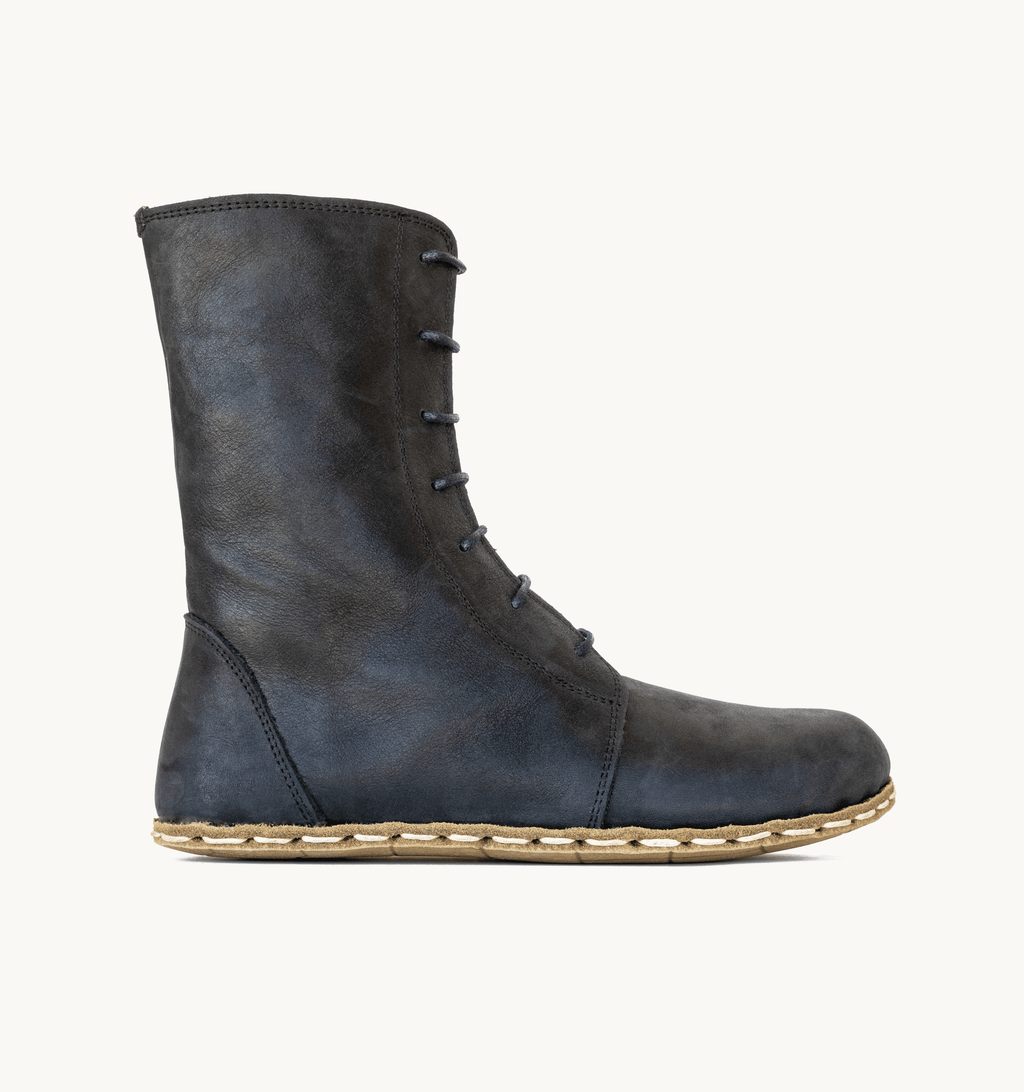 Raven Black women's barefoot leather ankle boot, side view — hand-stitched, zero drop