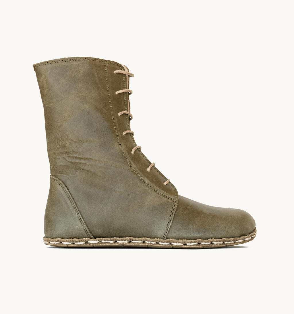 Olive women's barefoot leather ankle boot, side view — hand-stitched, zero drop