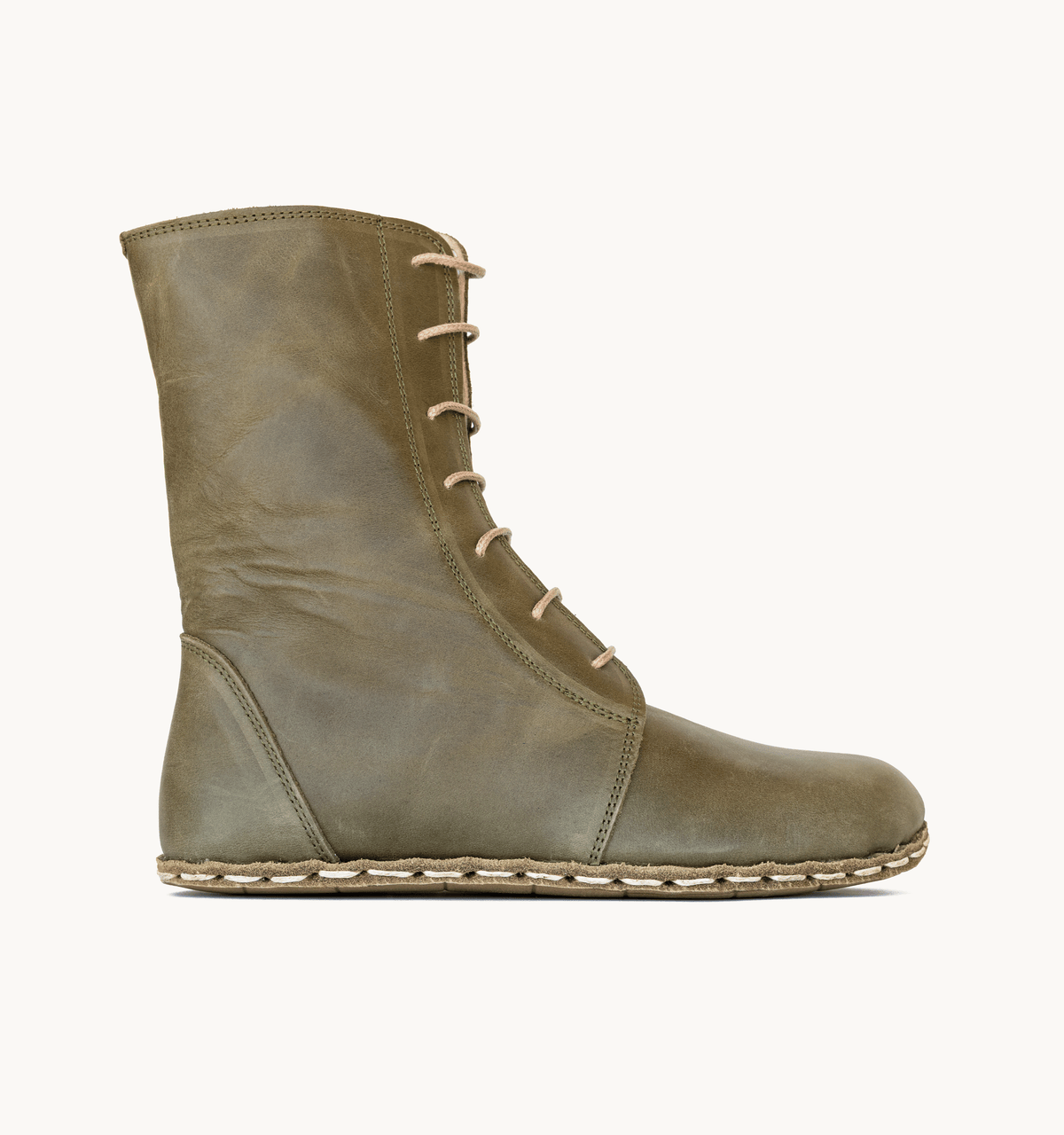 Olive women's barefoot leather ankle boot, side view — hand-stitched, zero drop