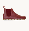 Burgundy women's barefoot leather chelsea boot, side view — hand-stitched, zero drop