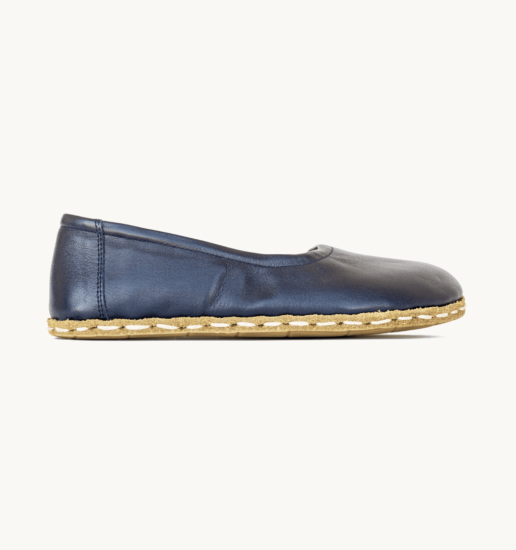 Indigo women's barefoot leather ballet flat, side view — hand-stitched, zero drop