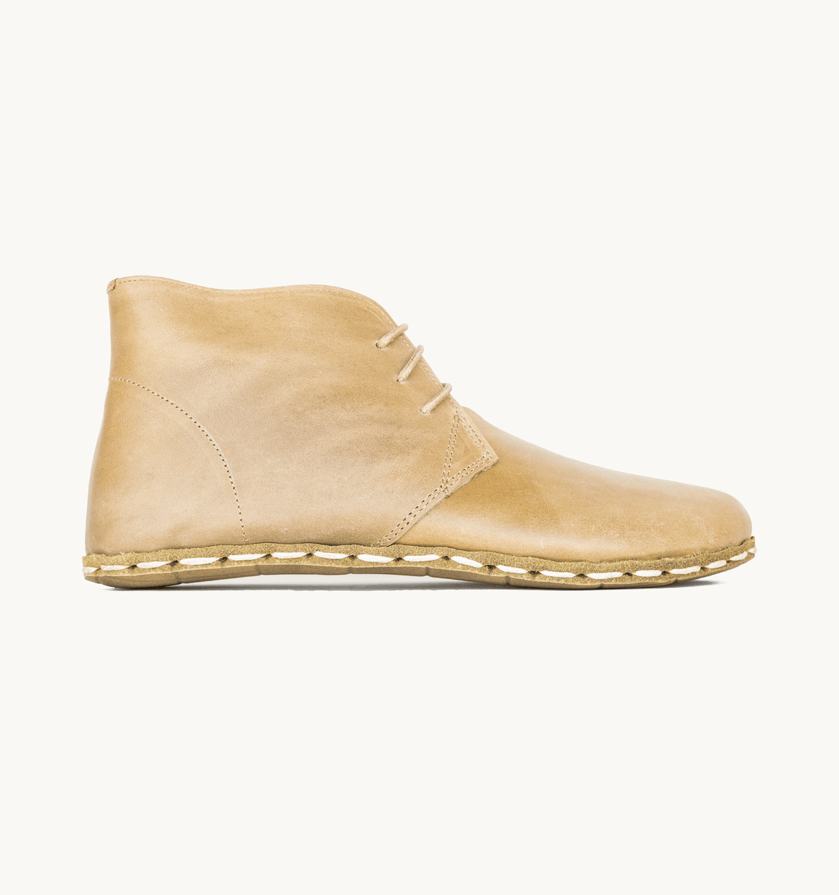 Sand men's barefoot leather chukka boot, side view — hand-stitched, zero drop