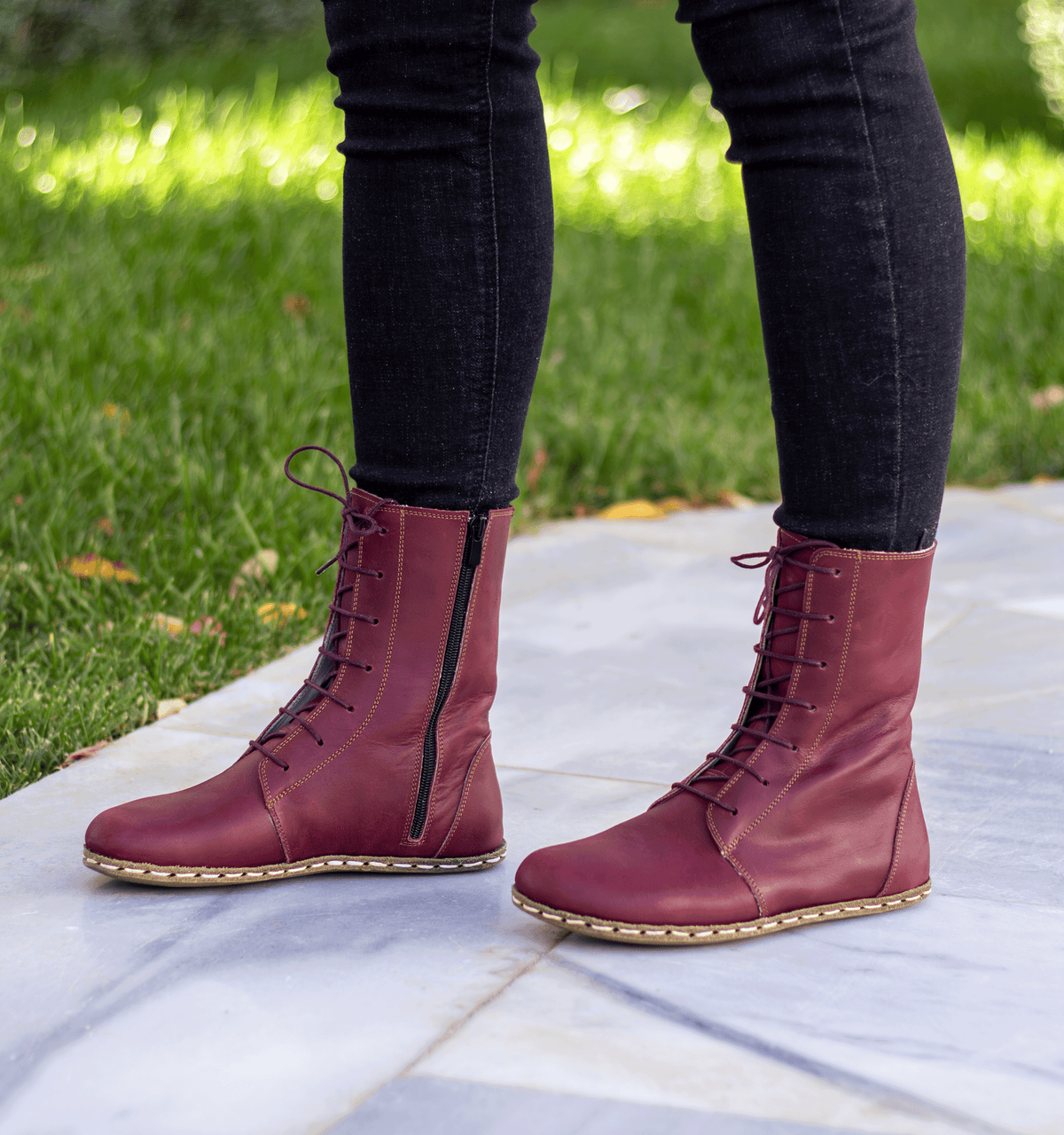 Burgundy women's barefoot ankle boot — smooth full-grain calfskin upper, hand-cut