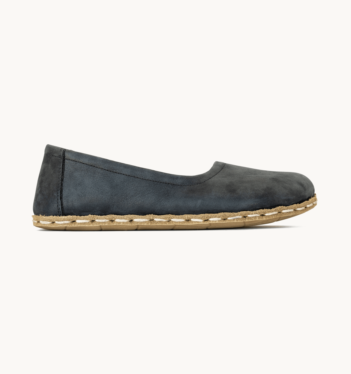 Raven Black women's barefoot leather ballet flat, side view — hand-stitched, zero drop