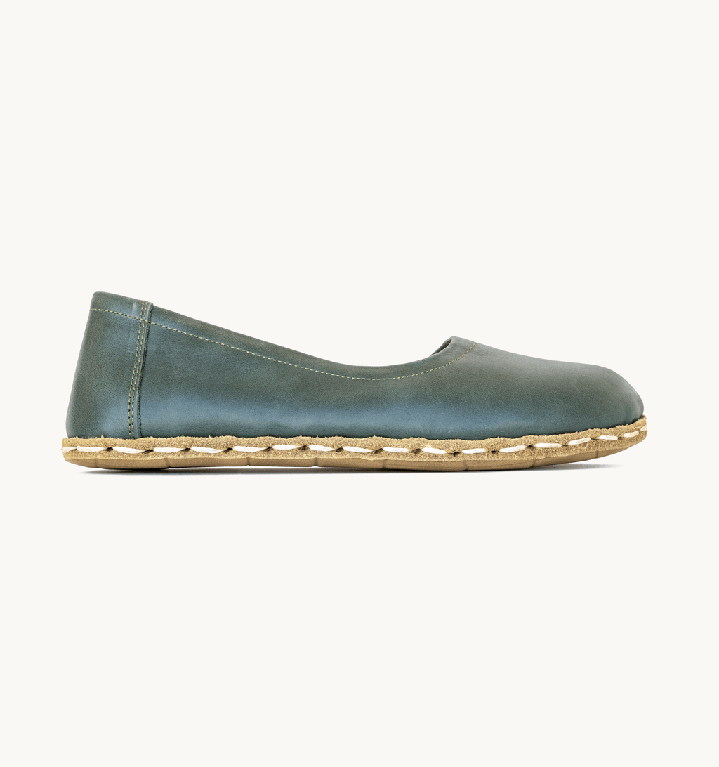 Evergreen women's barefoot leather ballet flat, side view — hand-stitched, zero drop