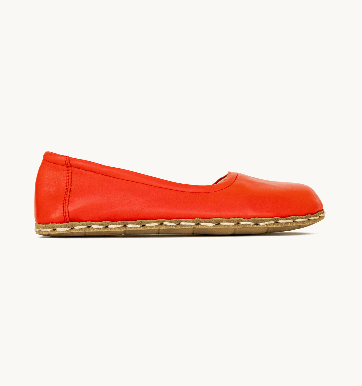 Crimson women's barefoot leather ballet flat, side view — hand-stitched, zero drop