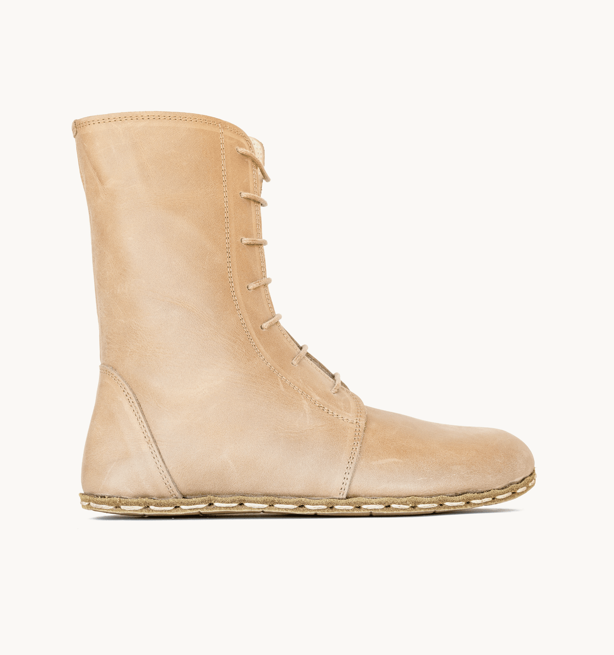 Sand women's barefoot leather ankle boot, side view — hand-stitched, zero drop