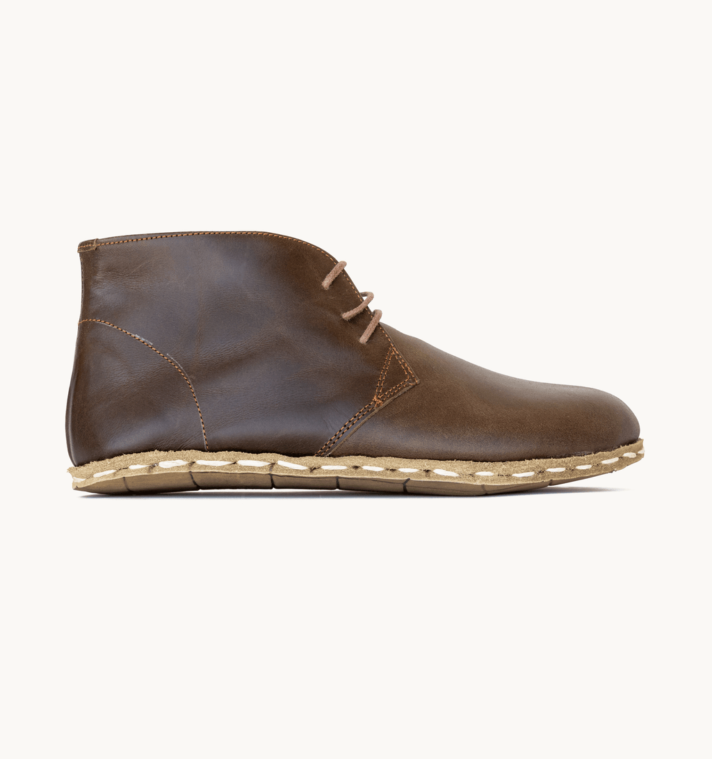 Earth men's barefoot leather chukka boot, side view — hand-stitched, zero drop