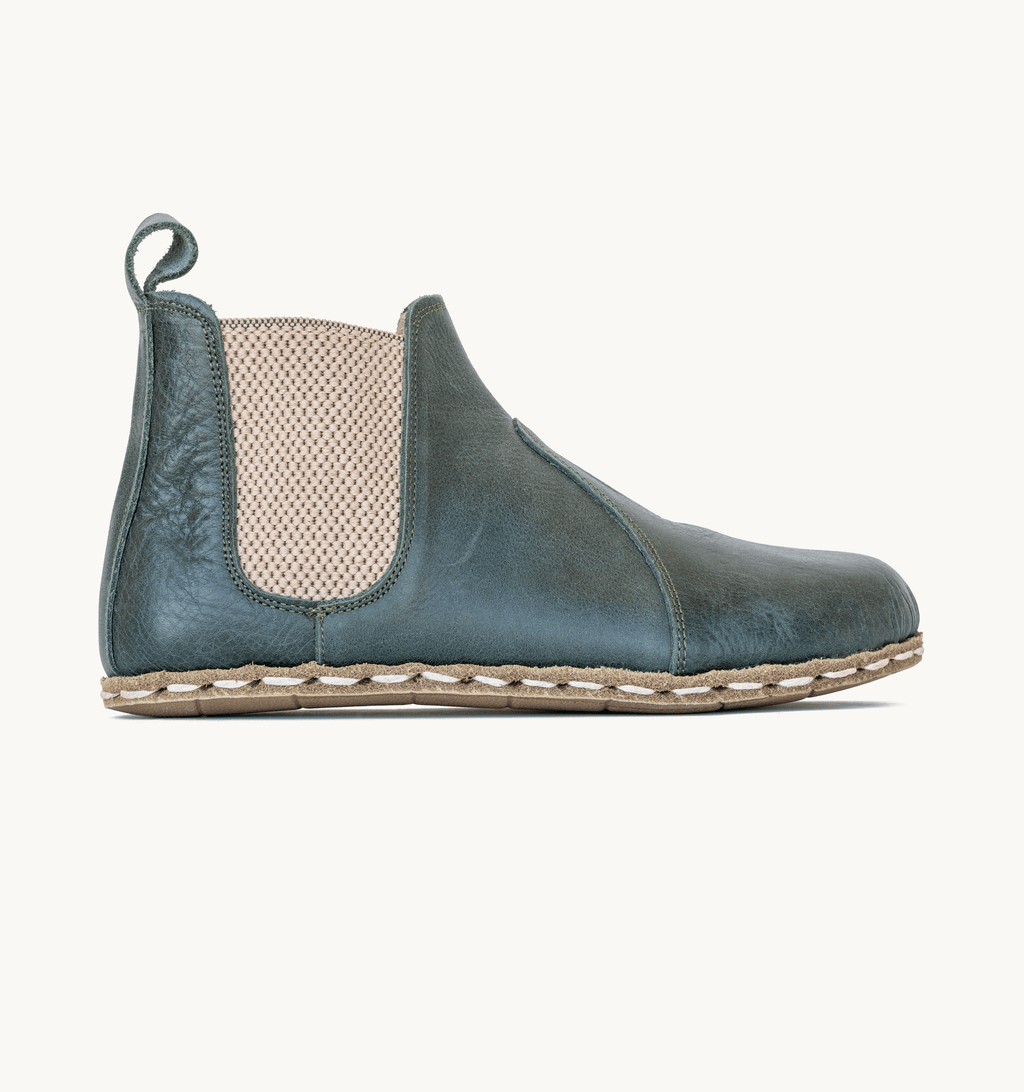 Evergreen women's barefoot leather chelsea boot, side view — hand-stitched, zero drop