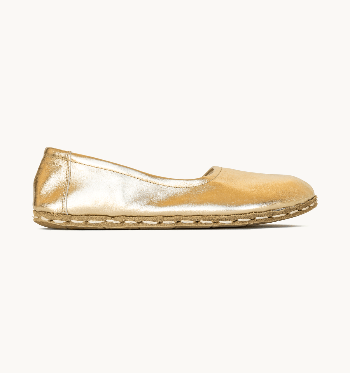 Harvest Gold women's barefoot leather ballet flat, side view — hand-stitched, zero drop