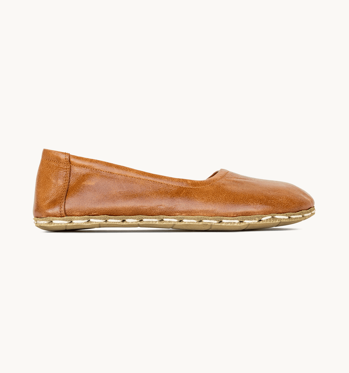 Russet women's barefoot leather ballet flat, side view — hand-stitched, zero drop